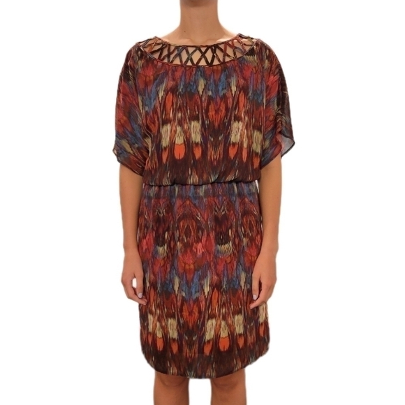 Ronni Nicole Abstract Print Dress Brown Blue‎ Orange Short Sleeve Casual Mini 6 - Picture 1 of 9
